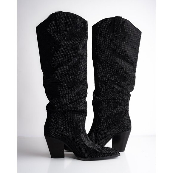 Stradivarius Zara Womens Rhinestone studded Western Boots Black US 6.5 EU 37 New - Picture 3 of 8